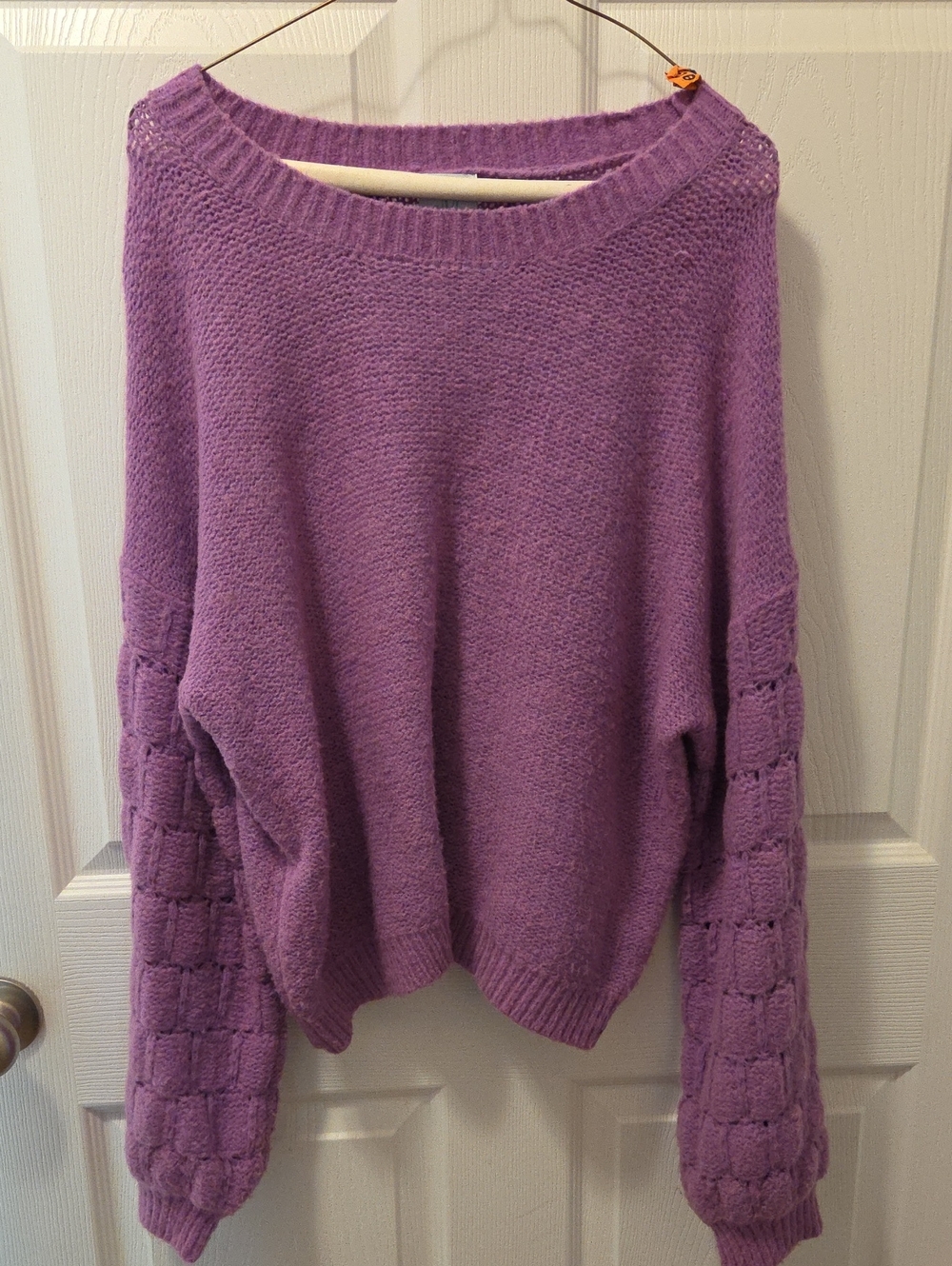 Mint Lilac Knit Crewneck Sweater with Textured Balloon Sleeves